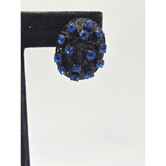 Antique Deco Czech Black and Blue Brooch and Matching Clip Earrings Japanned - Picture 2 of 6